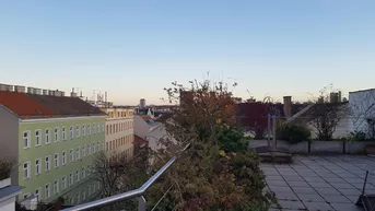 Dachterrasse mit Stadtblick und herbstlicher Bepflanzung unter klarem Himmel.