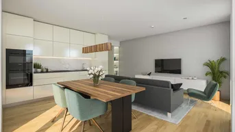 Moderne offene Wohnküche mit Essbereich, Holzboden und integrierten Geräten.