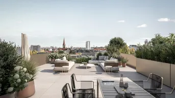Großzügige Dachterrasse mit Lounge-Möbeln, Pflanzen und weitem Stadtblick.