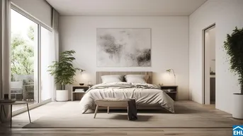 Helles, modernes Schlafzimmer mit großen Fenstern, Holzboden und Zugang zu einem Balkon.