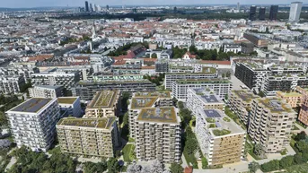 Luftaufnahme einer modernen Wohnsiedlung mit begrünten Dächern und Blick auf die Stadt.