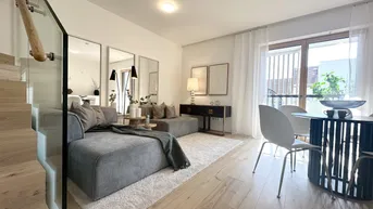 Moderner Wohn-Essbereich mit Holzboden, gemütlichem Sofa und Zugang zum Balkon.