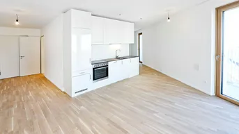 Heller offener Wohnbereich mit moderner Einbauküche, Parkettboden und Zugang zum Balkon.