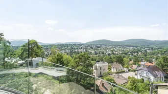 Panoramablick von der Terrasse über die Stadt und die umliegende grüne Hügellandschaft.