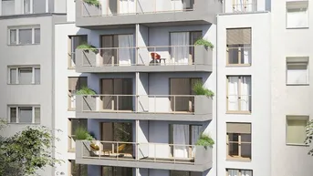 Moderne Wohnanlage mit mehreren Balkonen, Dachterrasse und begrüntem Erdgeschossbereich.