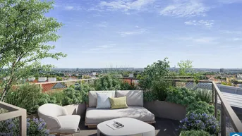 Geräumige Dachterrasse mit bequemen Loungemöbeln und weitem Blick über die Stadt.