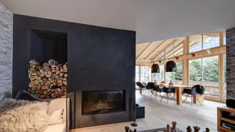Offener Wohnbereich mit modernem Kamin, Holzstapel und Blick in den Essbereich.