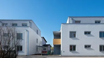 Moderne Wohngebäude mit weißer Fassade unter klarem blauem Himmel.