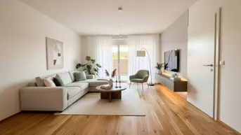 Helles, modern eingerichtetes Wohnzimmer mit Ecksofa, Holzboden und Zugang zum Balkon.