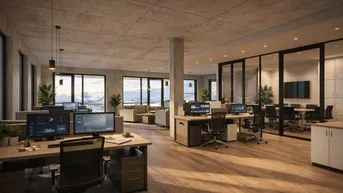 Modernes Großraumbüro mit vielen Arbeitsplätzen, Konferenzraum und Bergblick durch große Fenster.