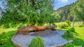 Gepflegter Gartenbereich mit großem Baum, rustikalem Holztrog und Blick auf die grüne Landschaft.