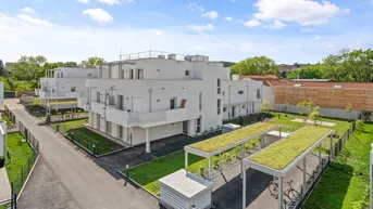 Moderne Wohnanlage mit begrünten Dächern und Carports unter blauem Himmel.