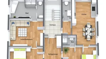 Farbiger 3D-Grundrissplan mit Möblierung, zeigt Schlafzimmer, Küche und Aufenthaltsraum.