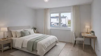 Gemütliches Schlafzimmer mit Doppelbett, Nachttischen und einem Arbeitsbereich am Fenster.