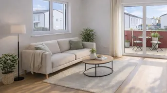 Helles Wohnzimmer mit modernem Sofa, Holzboden und Zugang zu einem sonnigen Balkon.