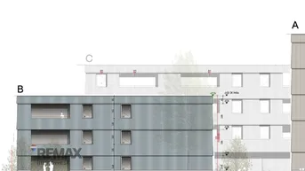 Architektonische Ansicht des Gebäudes mit moderner Fassadengestaltung und Balkonen.