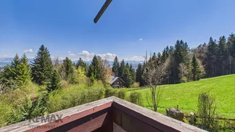 Panoramablick vom Balkon über grüne Wälder und ferne Berge unter blauem Himmel.