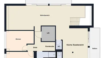 Grundriss des Obergeschosses mit offenem Wohnbereich, Küche, zwei Zimmern und Balkonen.