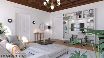 Helles Wohnzimmer mit Holzkassettendecke, Bücherregal und modernen Möbeln in einem luxuriösen Ambiente.