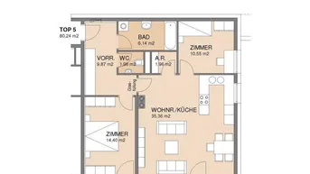 Grundriss der Wohnung TOP 5 mit 80,24 m² Wohnfläche, Balkon und offener Wohnküche.