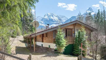 Rustikales Holzhaus in den Bergen mit verschneiten Gipfeln im Hintergrund und umgeben von Bäumen.