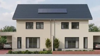 Moderne Doppelhaushälfte mit Satteldach, Photovoltaikanlage und Carports für zwei Fahrzeuge.