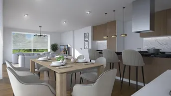 Moderner Essbereich mit Holztisch und offener Küche mit dunkler Arbeitsplatte.
