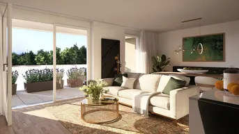 Heller, offener Wohn-Essbereich mit modernem Design und direktem Zugang zu einem sonnigen Balkon.