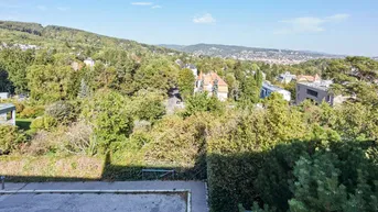 Weitläufiger Blick über eine grüne Hügellandschaft mit vereinzelten Häusern und Stadt im Hintergrund.