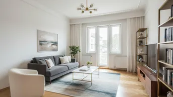 Helles Wohnzimmer mit Fischgrätparkett, Stuckdecke und Zugang zu einem französischen Balkon.