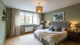 Gemütliches Schlafzimmer mit Holzboden, großem Bett und Blick ins Grüne.