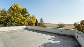 Große, sonnige Terrasse mit weitem Blick über Felder und grüne Landschaft.