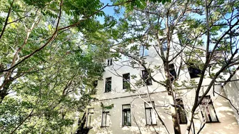 Historisches Gebäude mit vielen Fenstern, umgeben von dichtem Grün und Bäumen.