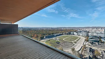 Großer Balkon mit Holzboden und Glasgeländer, bietet weite Aussicht auf die Rennbahn.