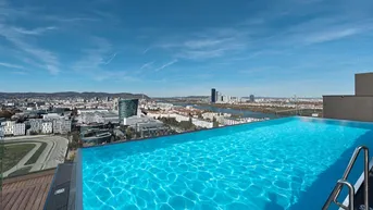 Spektakulärer Infinity-Pool auf dem Dach mit atemberaubendem Blick über die Stadt, den Fluss und die umliegende Landschaft.