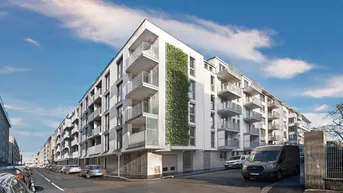 Modernes Wohngebäude mit weißer Fassade, Balkonen und vertikaler Begrünung unter blauem Himmel.