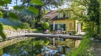 Gelbes Haus mit Naturpool und Liegebereich im grünen Garten unter blauem Himmel.