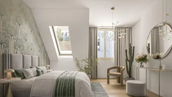Modernes Schlafzimmer mit Dachschrägen, gemusterter Tapete und viel natürlichem Licht.