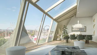 Heller Wohn- und Essbereich mit schrägen Glasfronten und Panoramablick auf die Stadt und den Prater.
