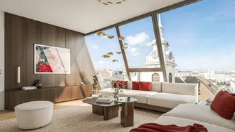 Helles, modernes Wohnzimmer mit großen Fenstern, Holzwandverkleidung und Stadtblick auf einen Kirchturm.