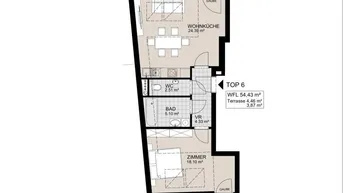 Grundrissplan einer Dachgeschosswohnung mit offener Wohnküche, einem Schlafzimmer und zwei Terrassen.