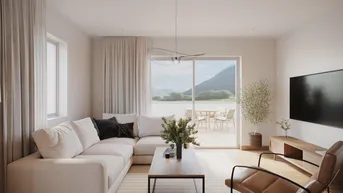 Helles Wohnzimmer mit modernem Sofa, Holzboden und Schiebetür zu einer Terrasse mit Bergblick.