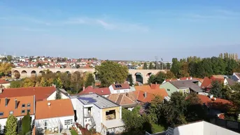 Weitläufiger Blick über die Dächer der Stadt mit historischen Gebäuden und einem Viadukt.