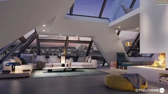 Großzügiges Wohnzimmer mit hohen Decken, großen Fenstern und einem modernen Kamin, bietet einen weiten Stadtblick.