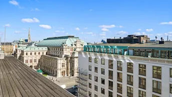 Panoramablick über die Wiener Innenstadt mit der Staatsoper unter blauem Himmel.