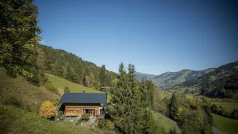 Charmantes Holzhaus auf einem grünen Hügel mit weitem Blick auf die umliegende Berglandschaft.