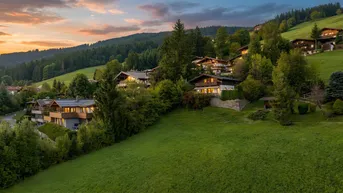 Panoramablick auf mehrere Häuser in einer grünen Hügellandschaft bei Sonnenuntergang.