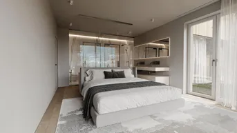 Modernes Schlafzimmer mit integriertem Bad, Holzboden und Zugang zum Außenbereich durch große Fenster.