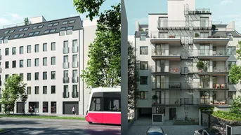 Moderne Wohngebäude mit klarer Architektur, Balkonen und einer Straßenbahn im Vordergrund.