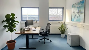 Modern eingerichtetes Büro mit blauem Teppichboden, höhenverstellbarem Schreibtisch und großen Fenstern.
